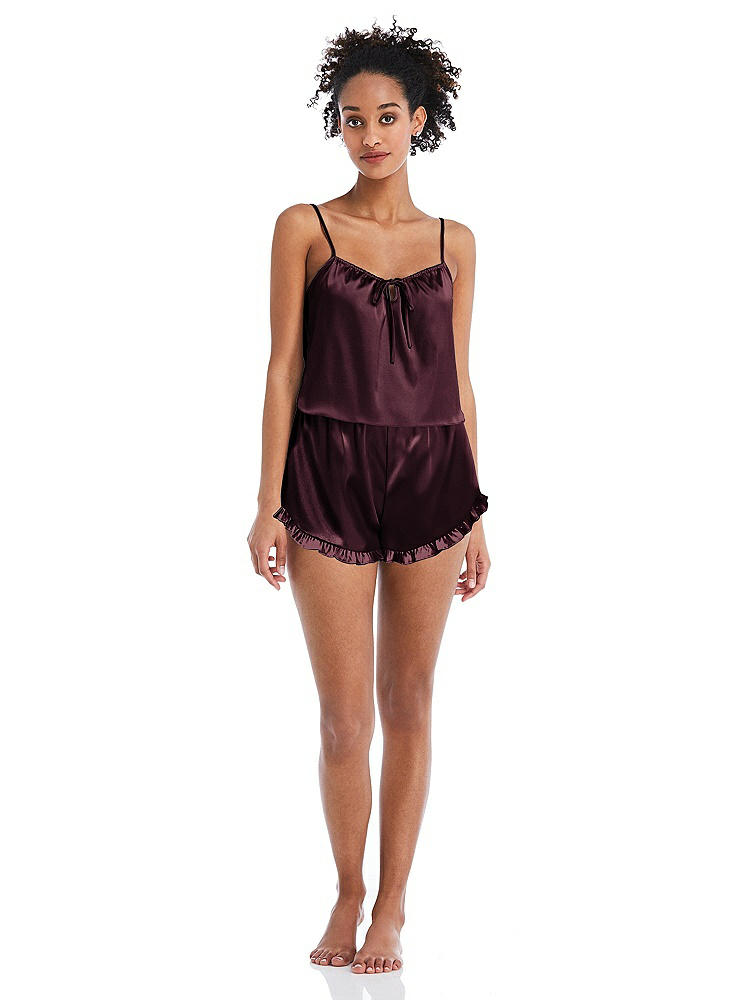 Front View - Bordeaux Satin Ruffle-Trimmed Lounge Shorts with Pockets - Cali