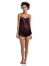 Front View Thumbnail - Bordeaux Satin Ruffle-Trimmed Lounge Shorts with Pockets - Cali