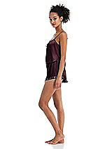 Side View Thumbnail - Bordeaux Satin Ruffle-Trimmed Lounge Shorts with Pockets - Cali