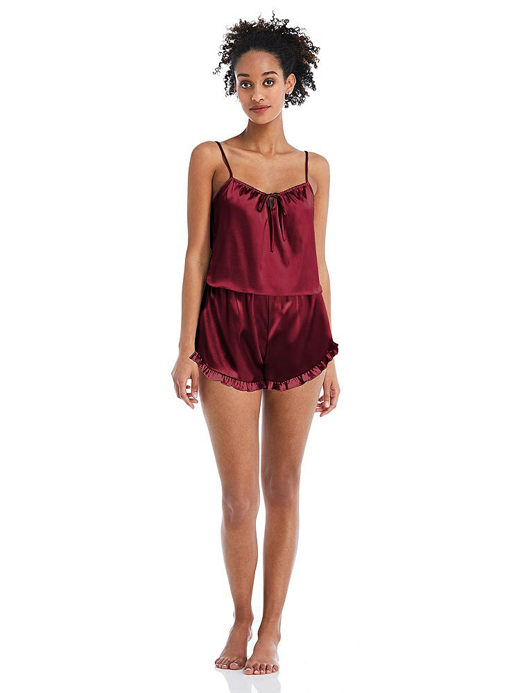 Front View - Burgundy Satin Ruffle-Trimmed Lounge Shorts with Pockets - Cali