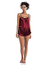 Front View Thumbnail - Burgundy Satin Ruffle-Trimmed Lounge Shorts with Pockets - Cali