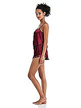 Side View Thumbnail - Burgundy Satin Ruffle-Trimmed Lounge Shorts with Pockets - Cali