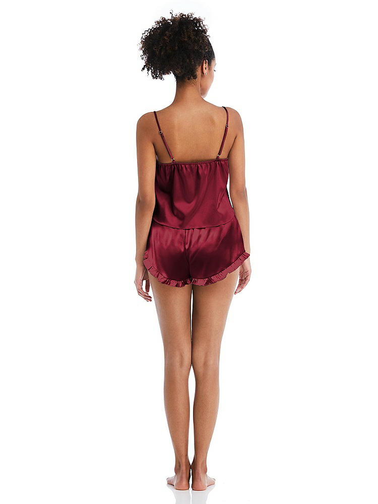 Back View - Burgundy Satin Ruffle-Trimmed Lounge Shorts with Pockets - Cali