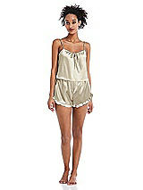 Front View Thumbnail - Champagne Satin Ruffle-Trimmed Lounge Shorts with Pockets - Cali