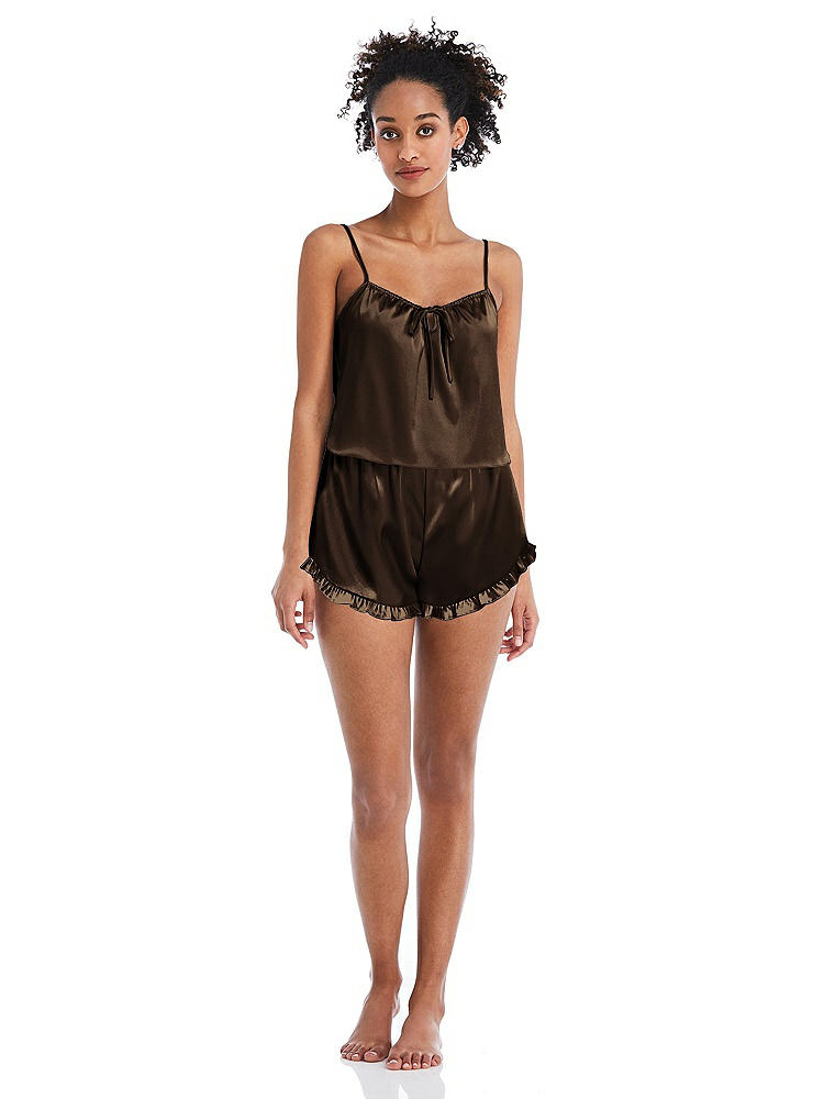 Front View - Espresso Satin Ruffle-Trimmed Lounge Shorts with Pockets - Cali