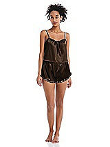 Front View Thumbnail - Espresso Satin Ruffle-Trimmed Lounge Shorts with Pockets - Cali