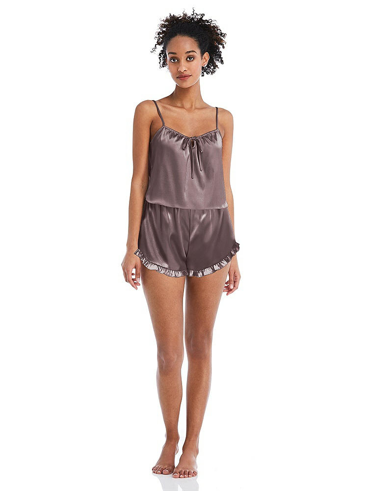 Front View - French Truffle Satin Ruffle-Trimmed Lounge Shorts with Pockets - Cali