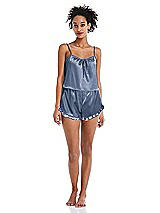 Front View Thumbnail - Larkspur Blue Satin Ruffle-Trimmed Lounge Shorts with Pockets - Cali