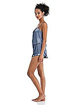 Side View Thumbnail - Larkspur Blue Satin Ruffle-Trimmed Lounge Shorts with Pockets - Cali