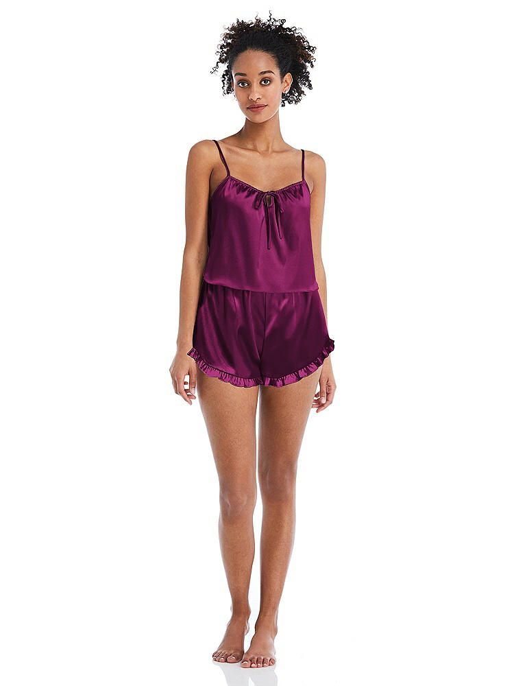 Front View - Merlot Satin Ruffle-Trimmed Lounge Shorts with Pockets - Cali