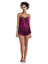 Front View Thumbnail - Merlot Satin Ruffle-Trimmed Lounge Shorts with Pockets - Cali
