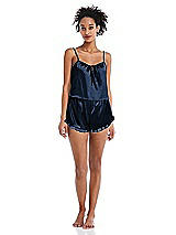 Front View Thumbnail - Midnight Navy Satin Ruffle-Trimmed Lounge Shorts with Pockets - Cali