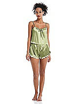 Front View Thumbnail - Mint Satin Ruffle-Trimmed Lounge Shorts with Pockets - Cali