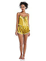 Front View Thumbnail - Marigold Satin Ruffle-Trimmed Lounge Shorts with Pockets - Cali