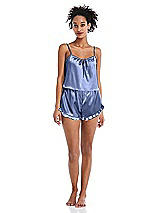 Front View Thumbnail - Periwinkle - PANTONE Serenity Satin Ruffle-Trimmed Lounge Shorts with Pockets - Cali