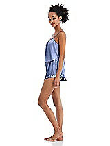 Side View Thumbnail - Periwinkle - PANTONE Serenity Satin Ruffle-Trimmed Lounge Shorts with Pockets - Cali