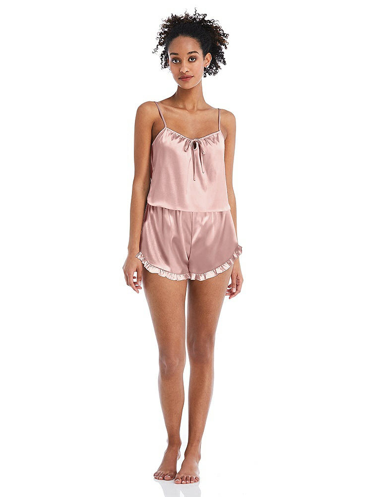 Front View - Rose - PANTONE Rose Quartz Satin Ruffle-Trimmed Lounge Shorts with Pockets - Cali