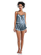 Front View Thumbnail - Slate Satin Ruffle-Trimmed Lounge Shorts with Pockets - Cali