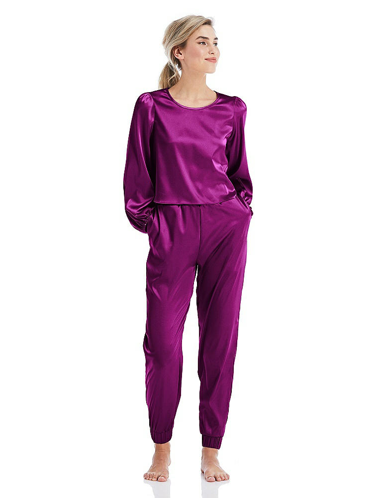 Front View - Persian Plum Satin Joggers with Pockets - Mica