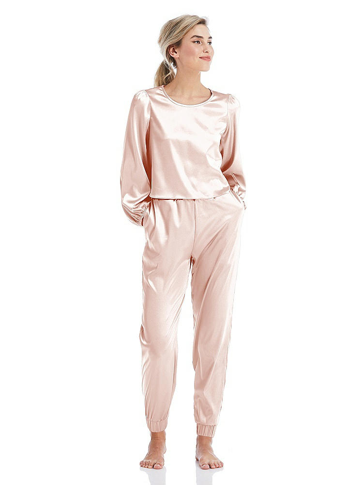 Front View - Blush Satin Joggers with Pockets - Mica