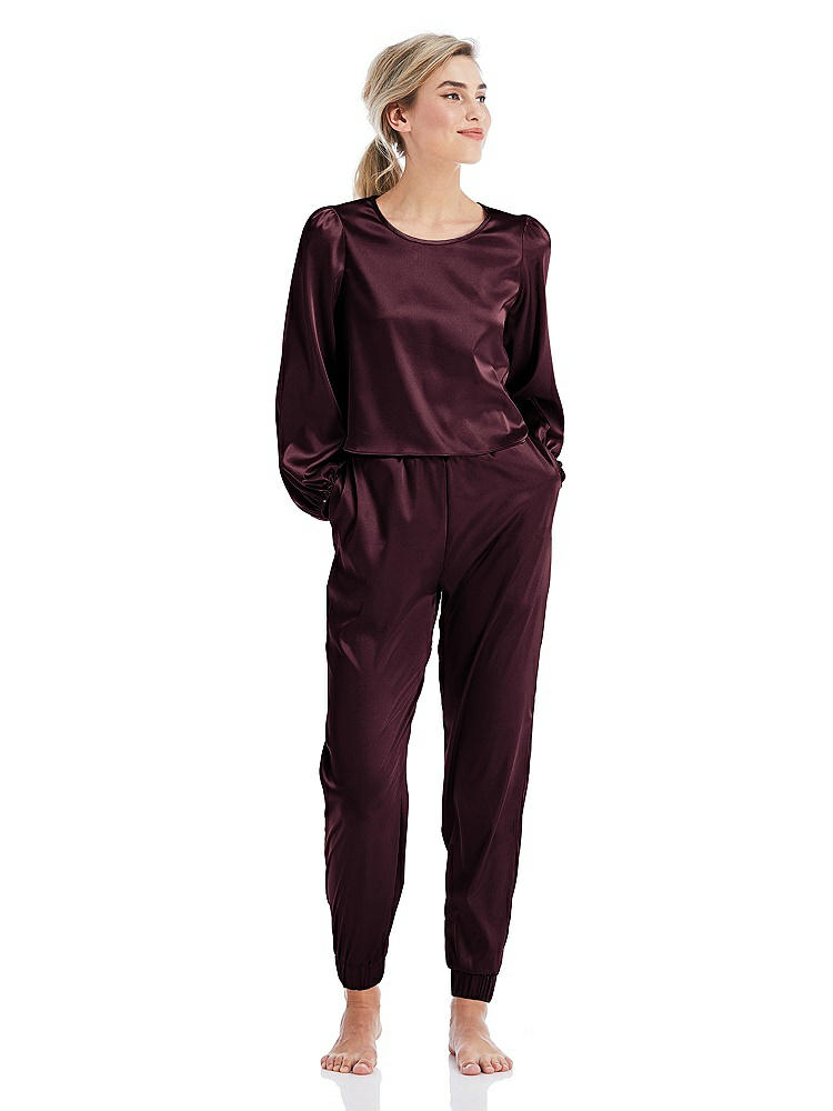 Front View - Bordeaux Satin Joggers with Pockets - Mica