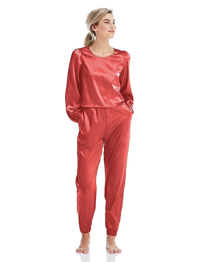 Front View - Perfect Coral Satin Joggers with Pockets - Mica