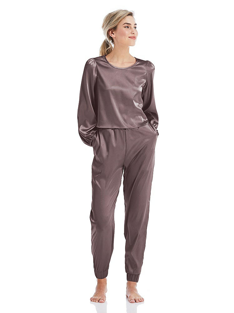 Front View - French Truffle Satin Joggers with Pockets - Mica