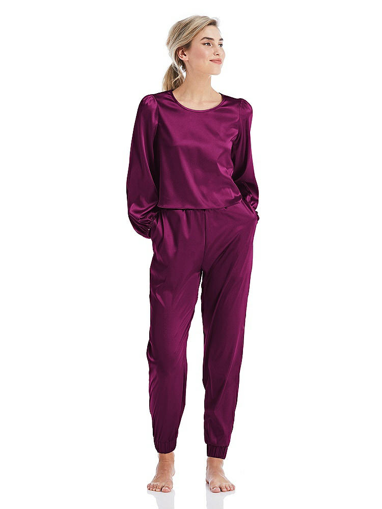 Front View - Merlot Satin Joggers with Pockets - Mica