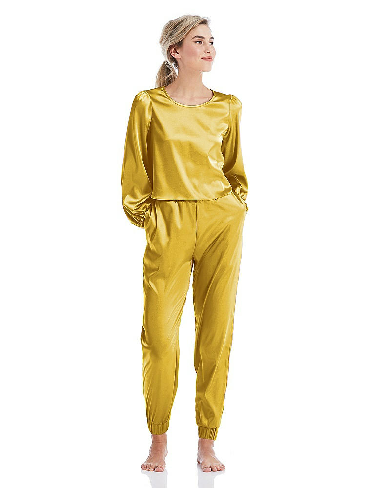 Front View - Marigold Satin Joggers with Pockets - Mica