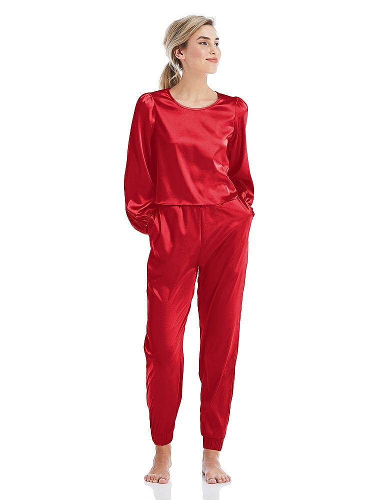 Front View - Parisian Red Satin Joggers with Pockets - Mica