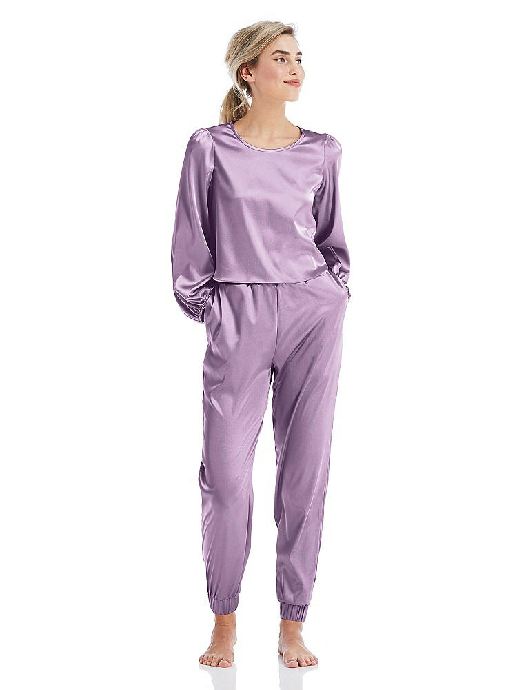 Front View - Wood Violet Satin Joggers with Pockets - Mica