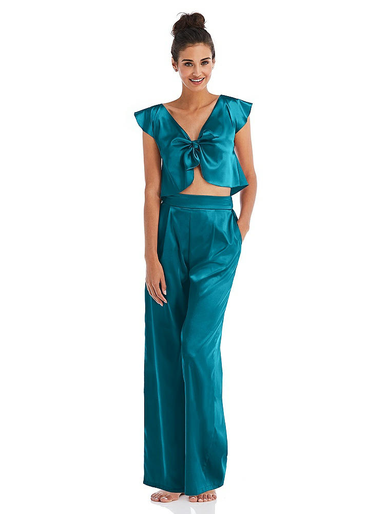 Front View - Oasis Satin Wide-Leg Lounge Pants with Pockets - Ray