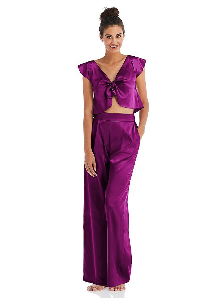 Front View - Persian Plum Satin Wide-Leg Lounge Pants with Pockets - Ray