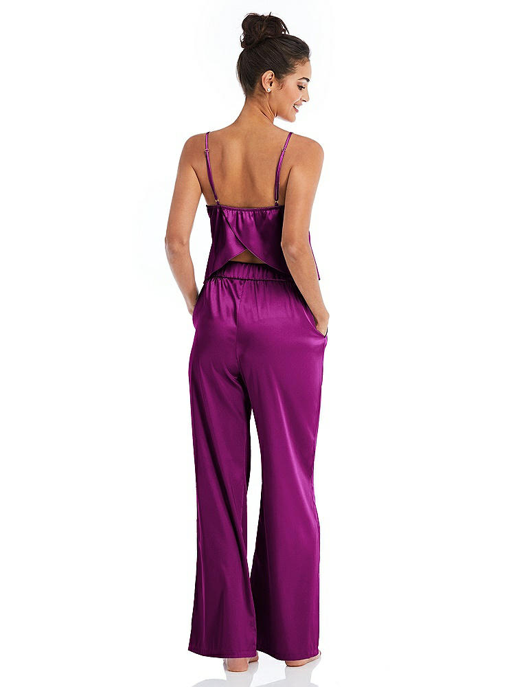 Back View - Persian Plum Satin Wide-Leg Lounge Pants with Pockets - Ray