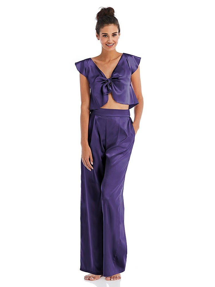 Front View - Regalia - PANTONE Ultra Violet Satin Wide-Leg Lounge Pants with Pockets - Ray
