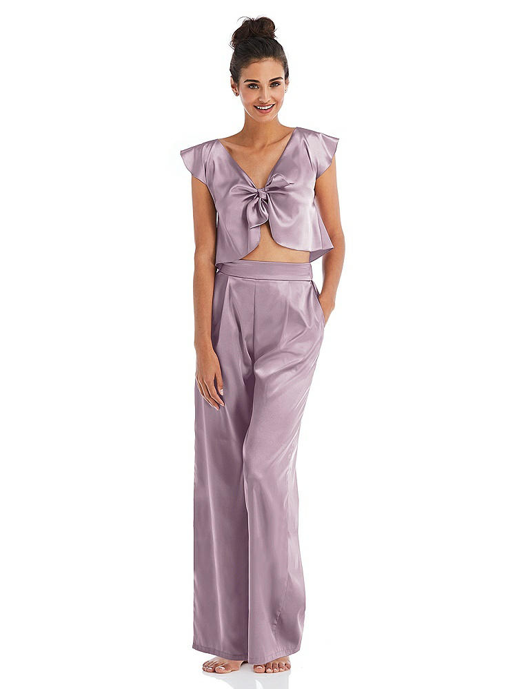 Front View - Suede Rose Satin Wide-Leg Lounge Pants with Pockets - Ray