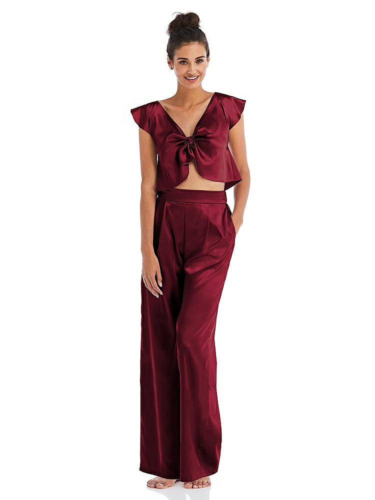 Front View - Burgundy Satin Wide-Leg Lounge Pants with Pockets - Ray