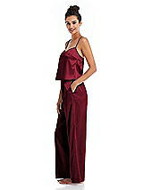 Side View Thumbnail - Burgundy Satin Wide-Leg Lounge Pants with Pockets - Ray
