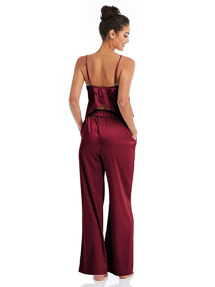 Back View - Burgundy Satin Wide-Leg Lounge Pants with Pockets - Ray