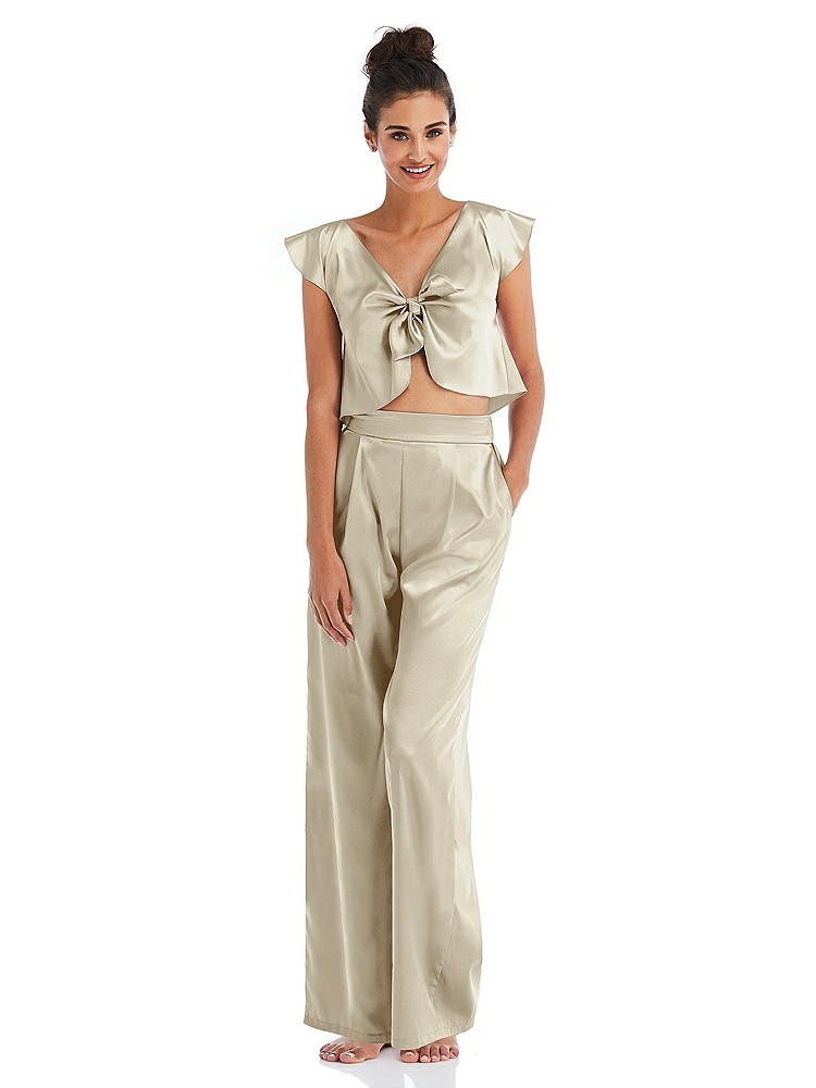 Front View - Champagne Satin Wide-Leg Lounge Pants with Pockets - Ray