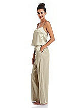 Side View Thumbnail - Champagne Satin Wide-Leg Lounge Pants with Pockets - Ray