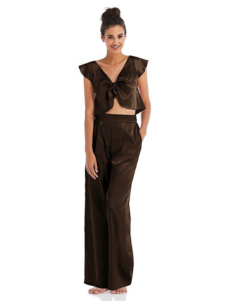 Front View - Espresso Satin Wide-Leg Lounge Pants with Pockets - Ray