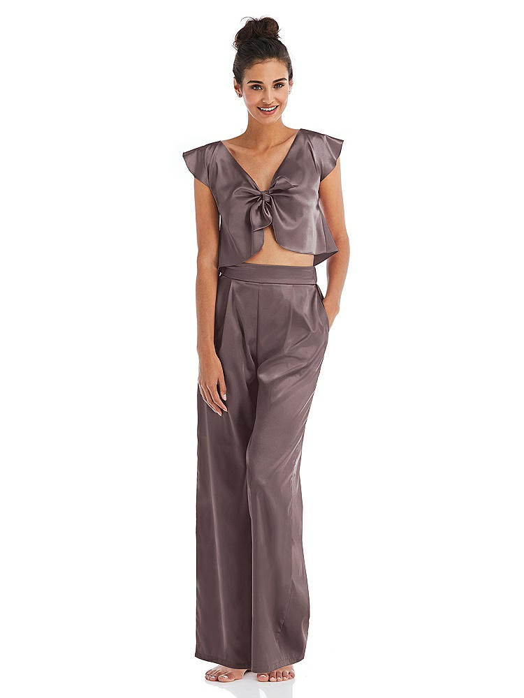 Front View - French Truffle Satin Wide-Leg Lounge Pants with Pockets - Ray