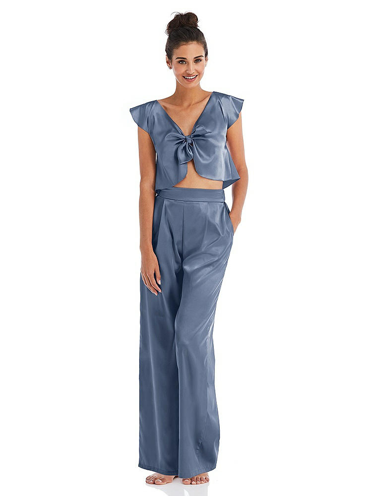 Front View - Larkspur Blue Satin Wide-Leg Lounge Pants with Pockets - Ray
