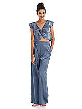 Front View Thumbnail - Larkspur Blue Satin Wide-Leg Lounge Pants with Pockets - Ray