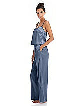 Side View Thumbnail - Larkspur Blue Satin Wide-Leg Lounge Pants with Pockets - Ray