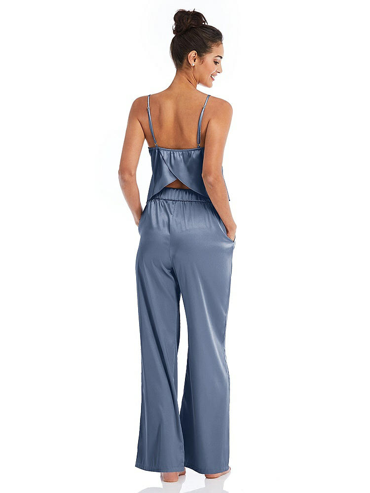 Back View - Larkspur Blue Satin Wide-Leg Lounge Pants with Pockets - Ray
