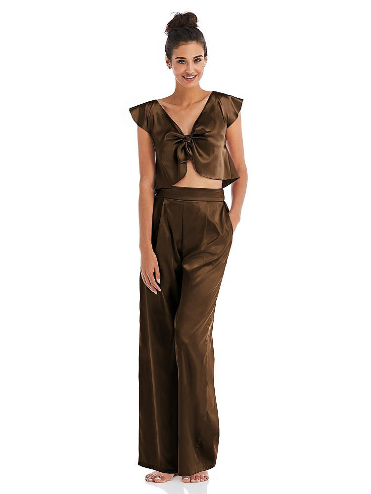 Front View - Latte Satin Wide-Leg Lounge Pants with Pockets - Ray