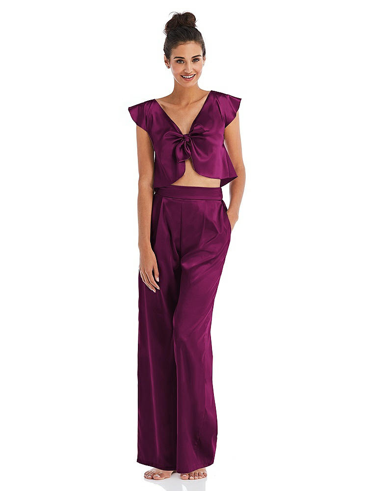 Front View - Merlot Satin Wide-Leg Lounge Pants with Pockets - Ray