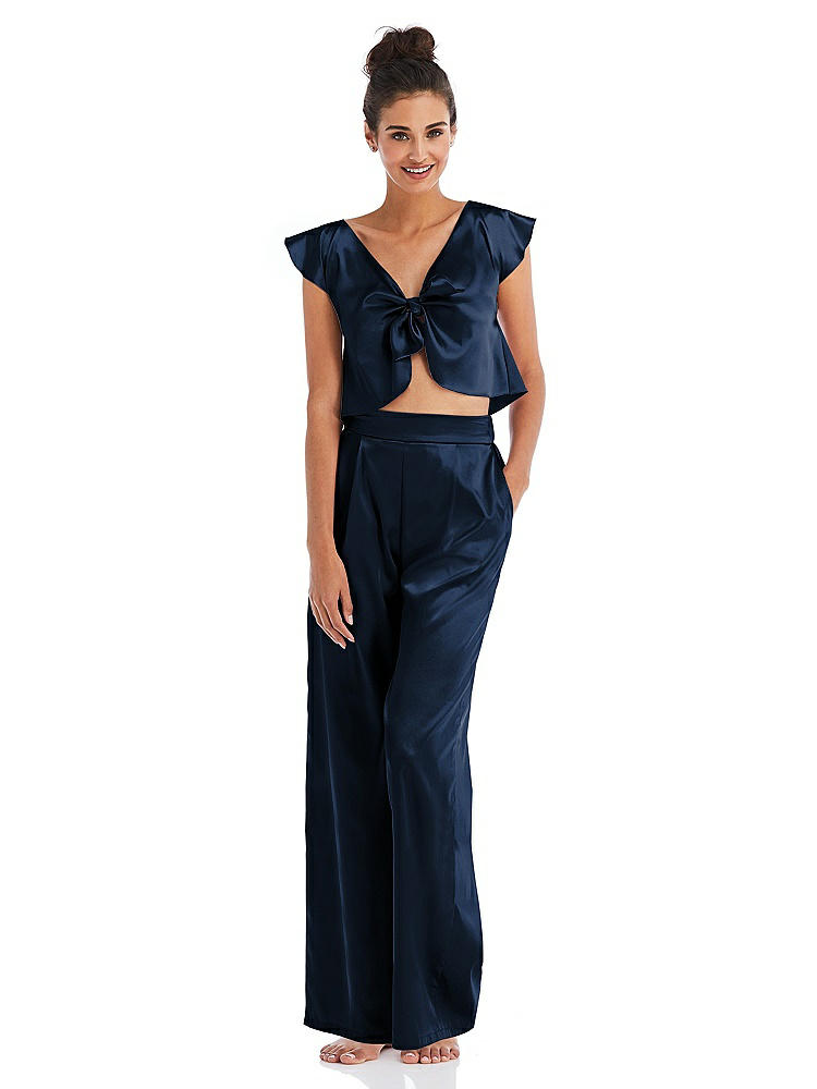 Front View - Midnight Navy Satin Wide-Leg Lounge Pants with Pockets - Ray